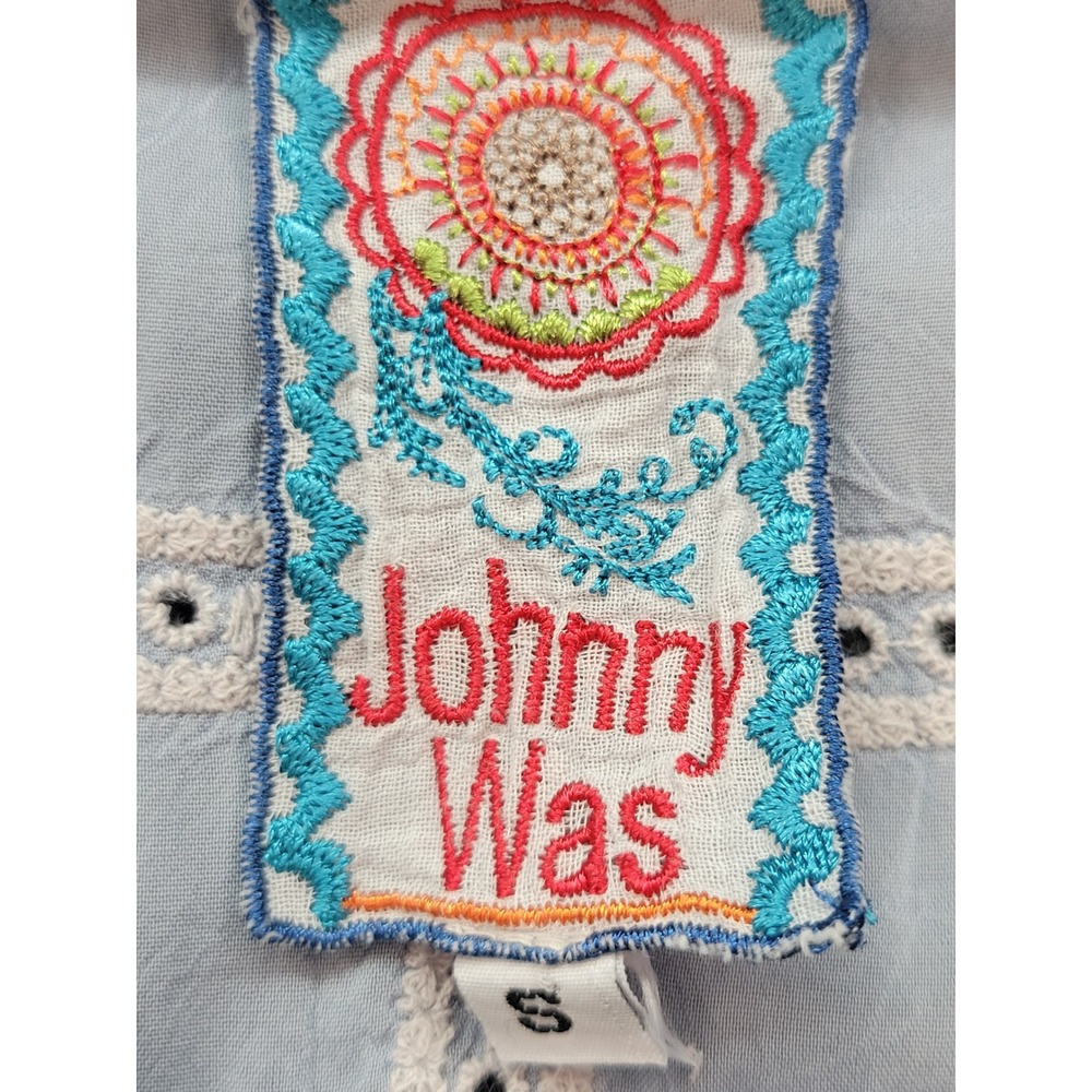 Johnny Was Light Blue Embroidered Eyelet Lace Cupra Rayon Tunic Top Small